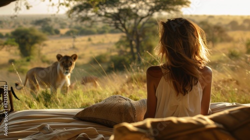 Woman Sitting on Bed Looking at Lion