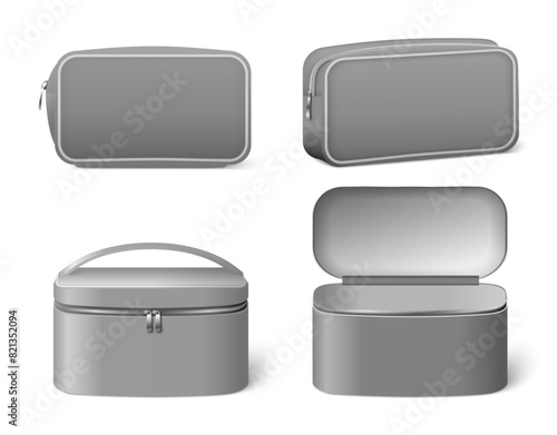 Portable cosmetic bag mockup side view realistic vector illustration set. Makeup pouch case with handle and zipper, travel suitcase for toiletry accessory empty blank template