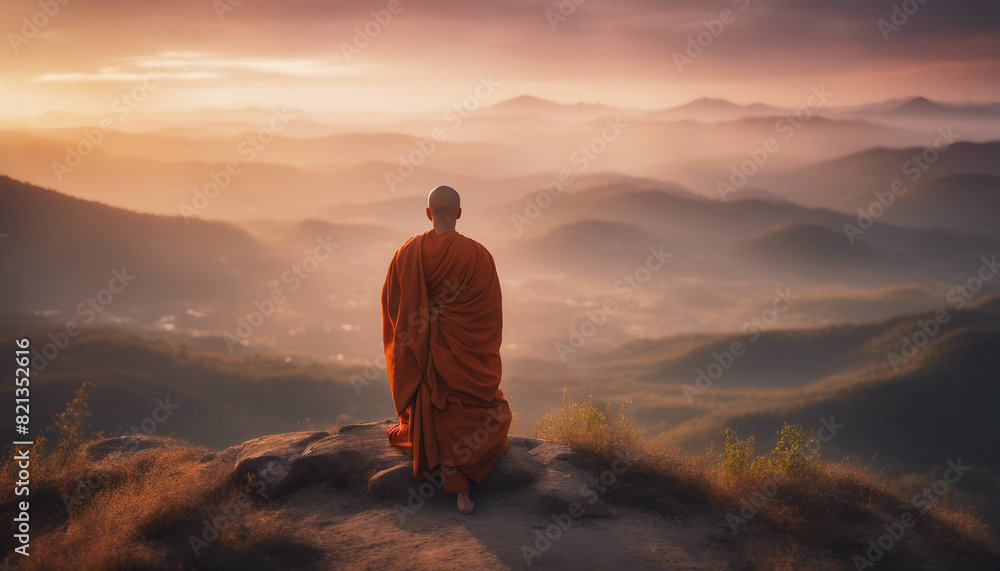 Buddhist monk in meditation at beautiful sunset or sunrise background on high mountain, back view
Buddhist monk in meditation at beautiful sunset or sunrise background on high mountain, back view