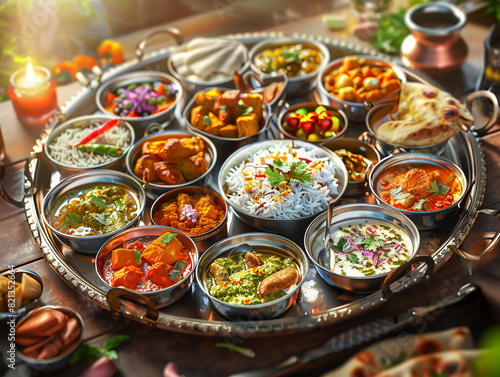 A colorful and intricate Indian thali with various small dishes  including curries  rice  bread  and condiments  served on a traditional metal platter  vibrant background  natural light