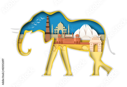Travel to India craft paper cut banner with elephant and oriental architecture famous landmark silhouette vector illustration. Invitation card for travel on vacation