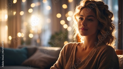 An attractive woman sitting in the living room