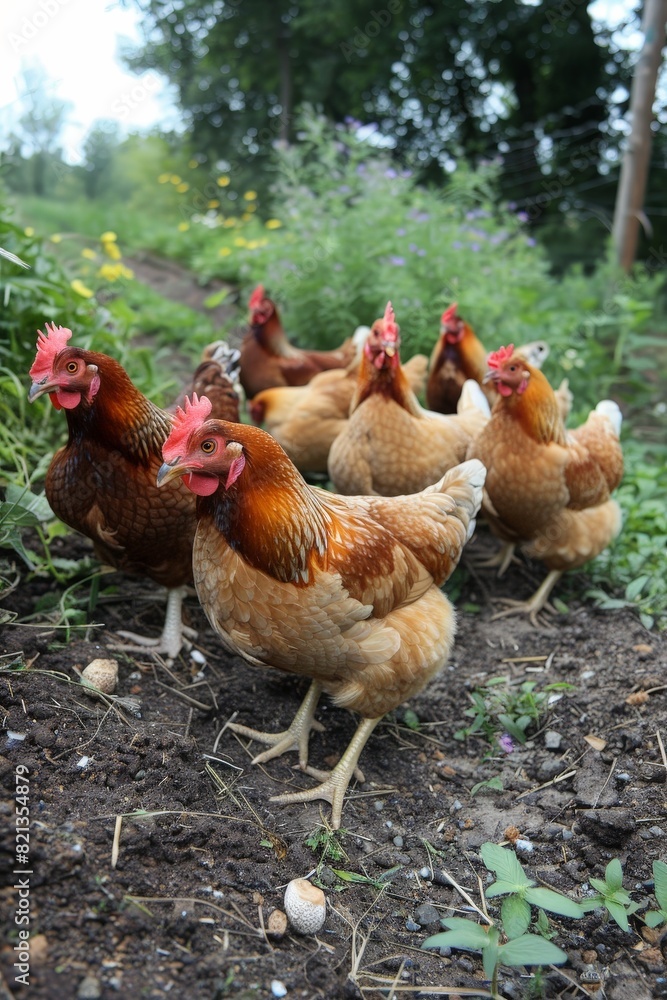 Fototapeta premium A group of chickens are standing in a field
