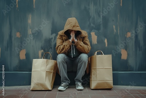 Despondent shopper with head in hands photo