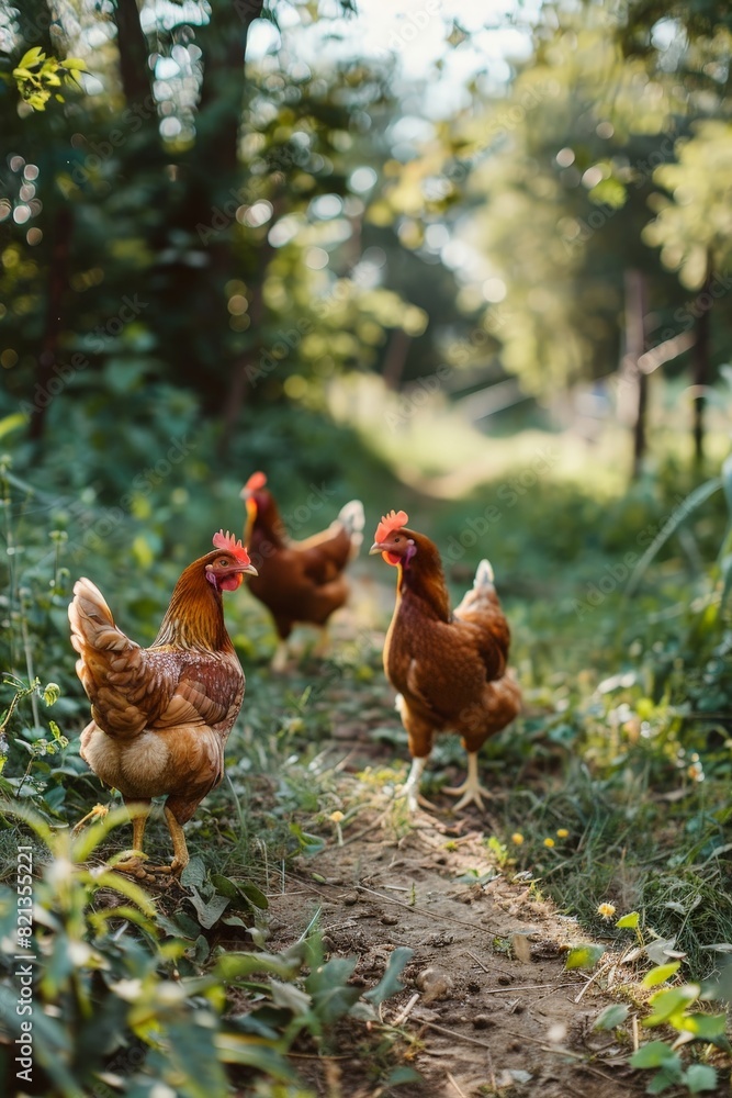 Fototapeta premium Three chickens are walking down a path in a field
