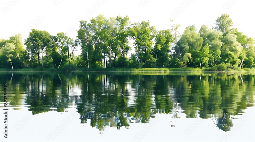Fototapeta premium The photo shows a beautiful landscape with a river, green trees and blue sky