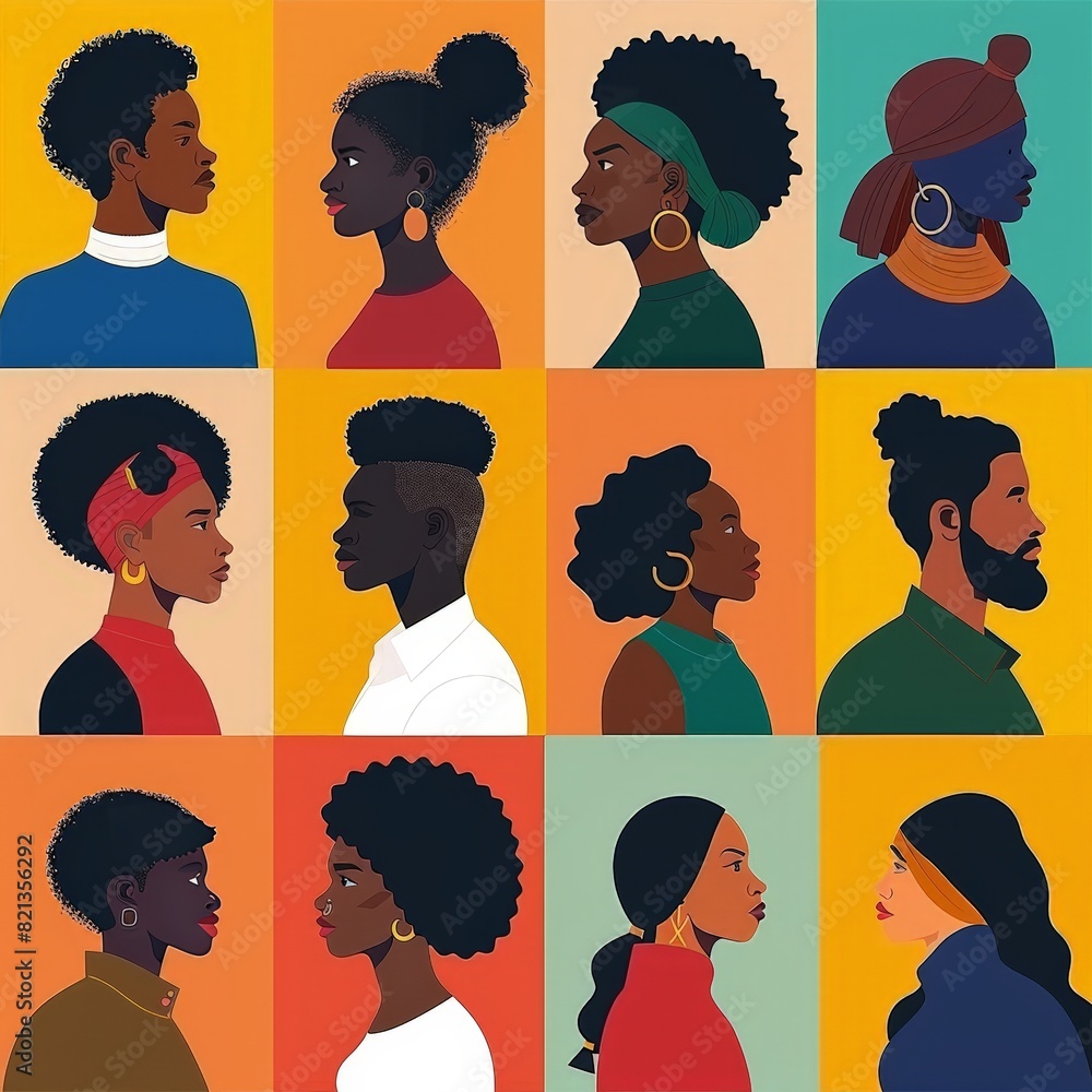 A series of black and brown faces with a variety of hairstyles and accessories A series of black and brown faces with a variety of hairstyles and accessories