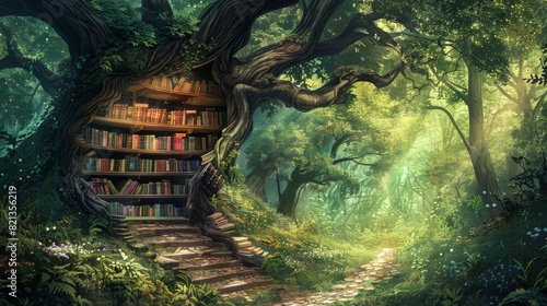 Enchanted Forest Library with Bookshelves Built into a Tree photo