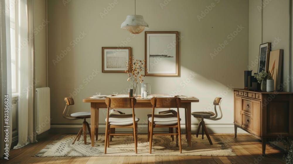 Fototapeta premium dining room, furniture and beige wall with poster frame generative ai