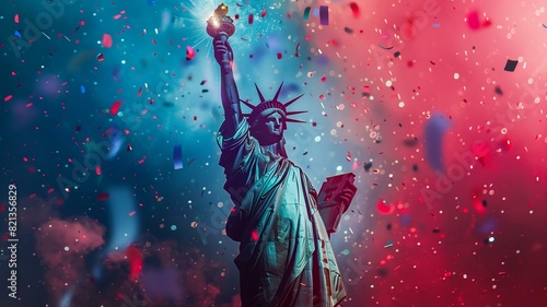 Artistic representation of the Statue of Liberty holding a sparkler, surrounded by a vibrant red, white, and blue background with fireworks and confetti 