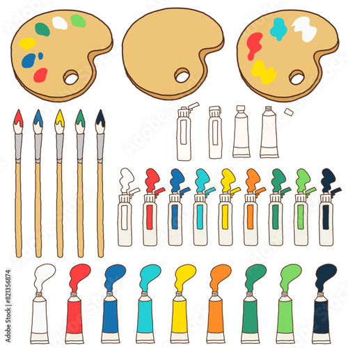 絵の具と絵筆のアートイラストセット