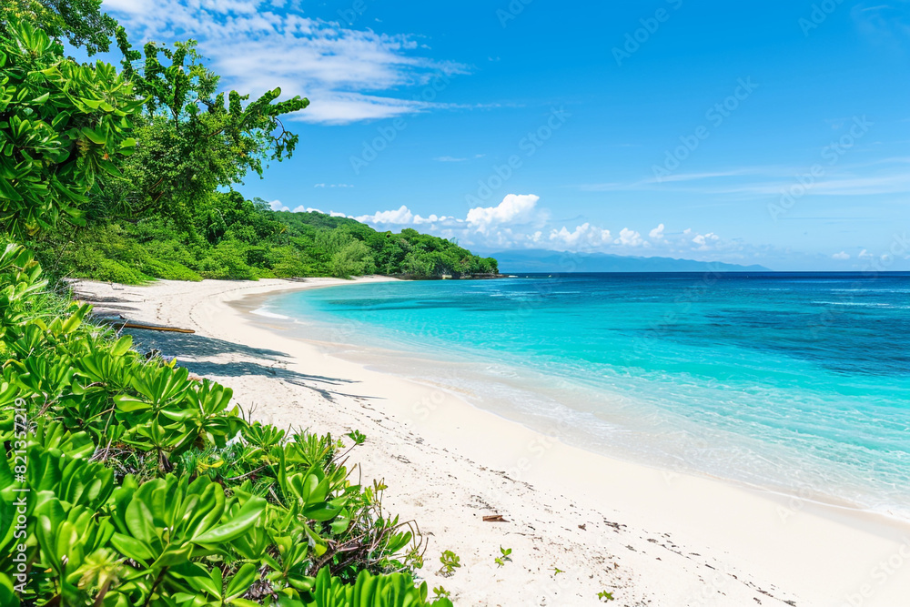 A tropical beach with pristine white sand and crystal-clear blue waters, surrounded by lush green vegetation under a clear, sunny sky