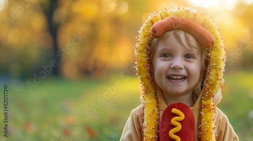 Young child dressed in hot dog costume photo