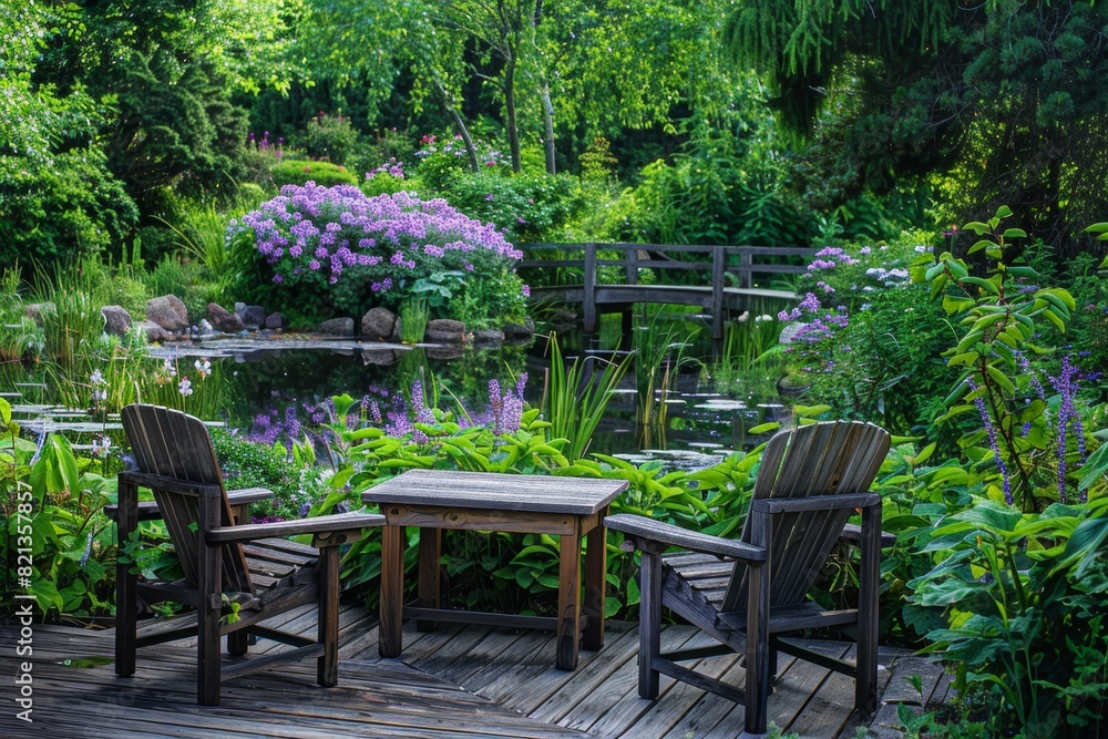 A wooden garden furniture set consisting of two chairs and one table placed on the deck, surrounded by lush greenery with purple flowers blooming in front of an idyllic pond Generative AI A wooden garden furniture set consisting of two chairs and one table placed on the deck, surrounded by lush greenery with purple flowers blooming in front of an idyllic pond Generative AI