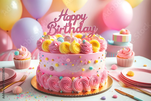 Pastel-Themed Birthday Celebration with Pink Cake Adorned in Swirled Frosting, Balloons, and Festive Decorations
