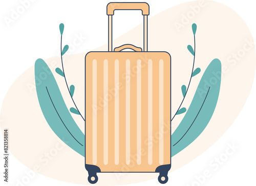 Yellow suitcase with plants in the background