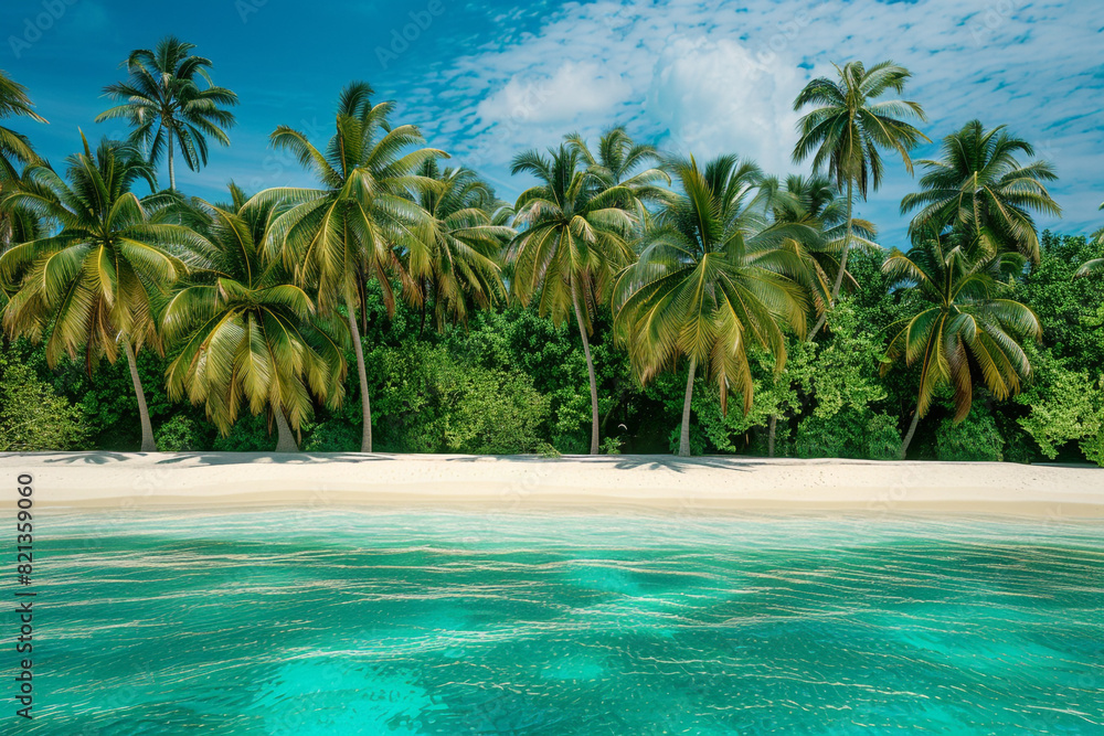 A tropical beach with pristine white sand, crystal-clear blue waters, and a dense grove of palm trees providing shade under a bright, sunny sky