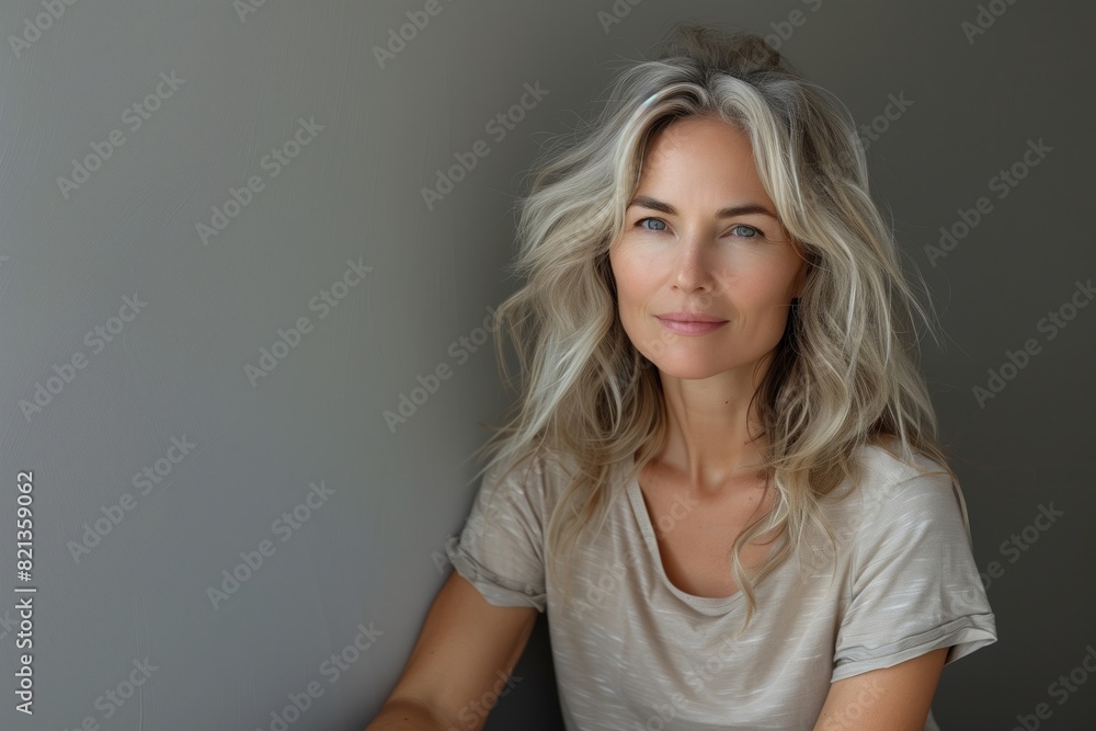 A woman with long blonde hair is sitting in front of a wall. She is wearing a tan shirt and has a smile on her face A woman with long blonde hair is sitting in front of a wall. She is wearing a tan shirt and has a smile on her face