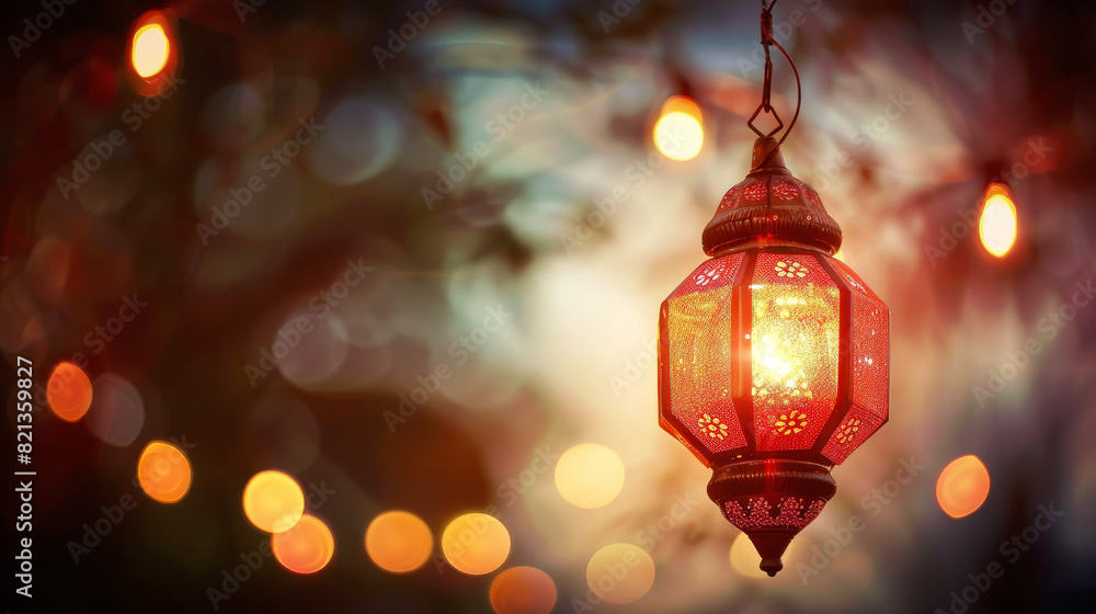 A traditional Islamic lantern, known as a fanous, emits a warm glow against a bokeh light background, symbolizing the festive spirit of the Islamic New Year A traditional Islamic lantern, known as a fanous, emits a warm glow against a bokeh light background, symbolizing the festive spirit of the Islamic New Year