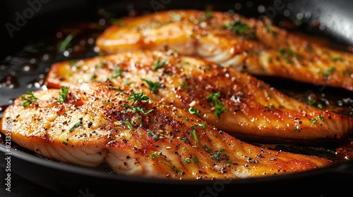 Panfrying tilapia fillets with a light coating of seasoned flour photo