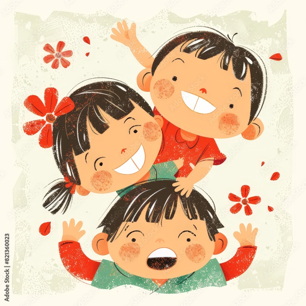 Three children are playing together, with one child on top of the other two Three children are playing together, with one child on top of the other two