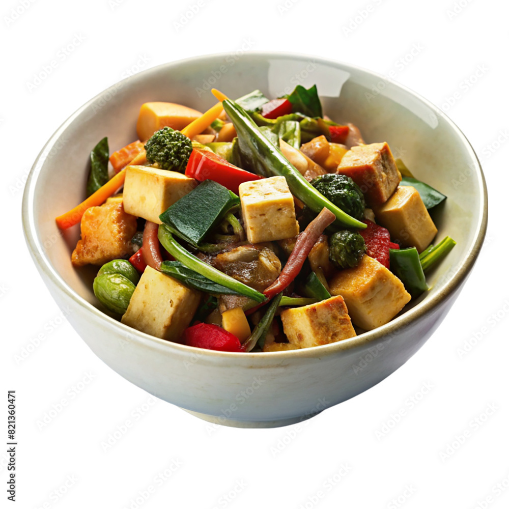 Veggie stir fry with tofu on white bowl Isolated on transparent background Veggie stir fry with tofu on white bowl Isolated on transparent background