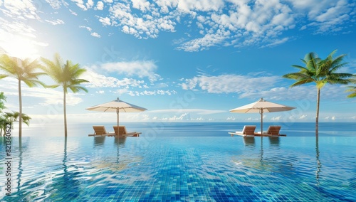 infinity pool overlooking the sea with sun loungers and umbrellas, blue sky with white clouds, © EF Studio