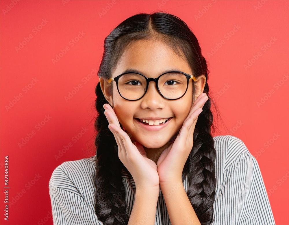 A Girls with 15 years old looking at the camera with excited facial expression in front of the red background A Girls with 15 years old looking at the camera with excited facial expression in front of the red background