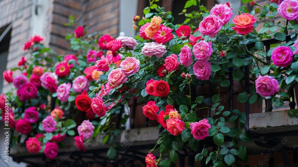 A balcony with a variety of pink and orange roses