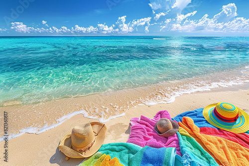 A tropical beach with soft golden sand and clear  turquoise waters  with colorful beach towels and sun hats scattered around  under a bright sunny sky