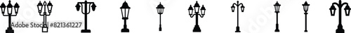 street light lamps and spotlights flat icon set. Old and modern street lamp black silhouette city vintage glowing in darkness road in dusk vector collection isolated on transparent background