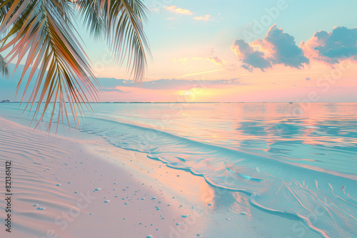 A tropical beach at sunrise  with soft pastel hues reflecting on the water and pristine sand  palm fronds swaying in the morning breeze