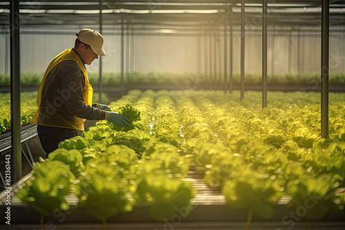 Worker inspecting lettuce in a greenhouse system photo