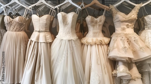 A rack of vintage-inspired tea-length wedding dresses in soft ivory and champagne tones, with sweetheart necklines and full skirts cinched at the waist