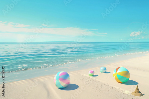 A tropical beach with smooth white sand and calm blue water  with colorful beach balls and sandcastles  under a clear sky