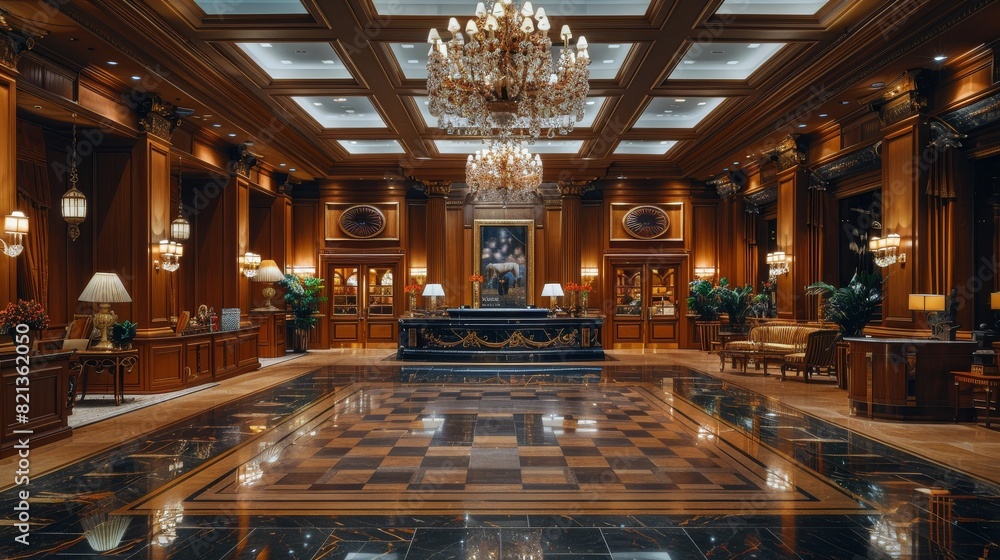 Elegant Hotel Lobby With Chandelier and Marble Floors Elegant Hotel Lobby With Chandelier and Marble Floors