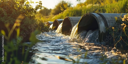 Water flowing out of pipes into the river, representing waste water treatment and micro Pangolin's data