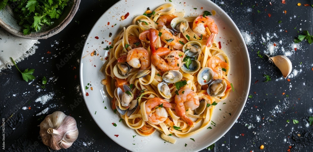 Plate of Pasta With Shrimp and Clams Plate of Pasta With Shrimp and Clams