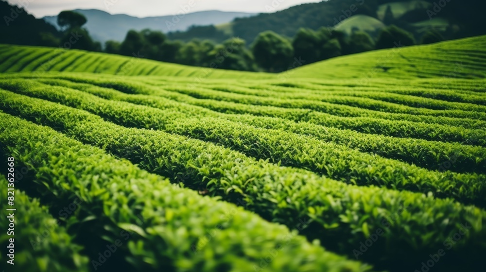 Aerial view of lush green tea plantation on mountain farm, organic harvest with wooden table