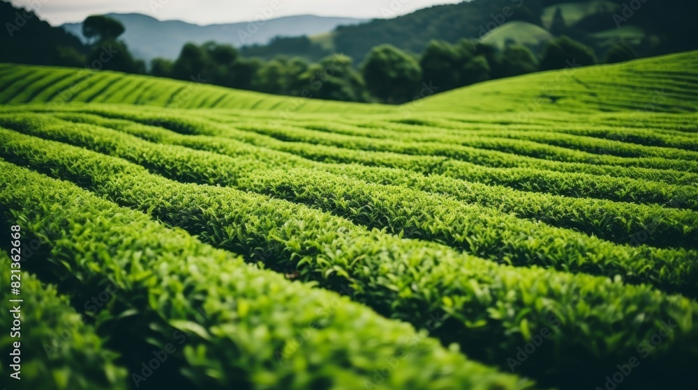 Aerial view of lush green tea plantation on mountain farm, organic harvest with wooden table Aerial view of lush green tea plantation on mountain farm, organic harvest with wooden table