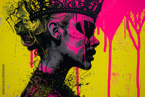 A silhouette of a woman wearing a crown is painted in vibrant neon colors against an abstract background, featuring splashes of pink and yellow. The artwork in pop art style photo