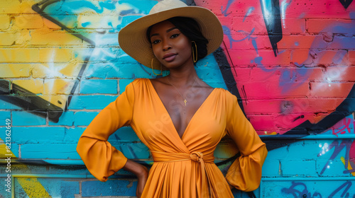 Woman in a Hat Leaning Against Colorful Wall
