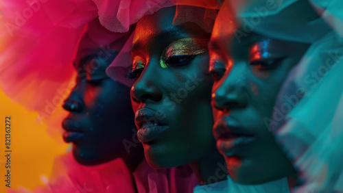 Vibrant Portrait of Three Women with Colorful Makeup and Tulle Headpieces
