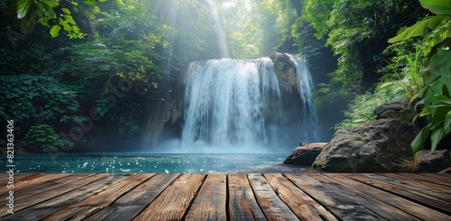 Wooden Deck With Bench in Front of Waterfall