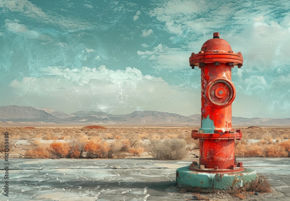igital artwork of a red fire hydrant in a dry, barren landscape. igital artwork of a red fire hydrant in a dry, barren landscape.