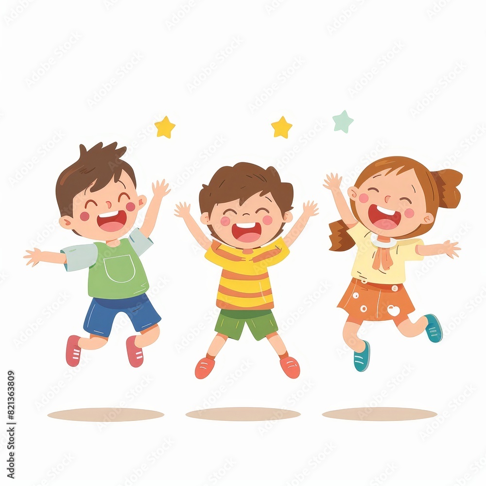 Three children are jumping in the air and smiling Three children are jumping in the air and smiling