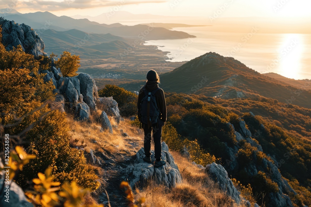 A person gazing at a beautiful natural landscape mountains in awe A person gazing at a beautiful natural landscape mountains in awe
