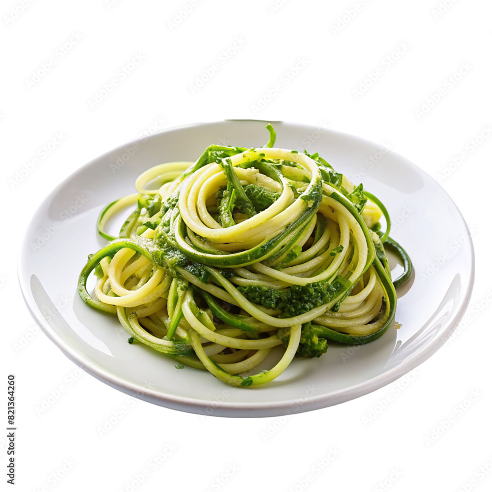 Zucchini noodles zoodles with pesto sauce Isolated on transparent background Zucchini noodles zoodles with pesto sauce Isolated on transparent background