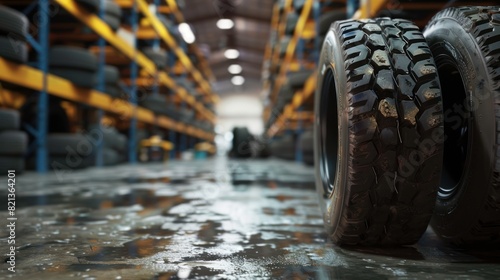 Car tires at warehouse. Generative AI