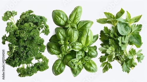 A variety of fresh herbs, including basil, parsley, and oregano. These herbs are often used in Italian and Mediterranean cooking. photo